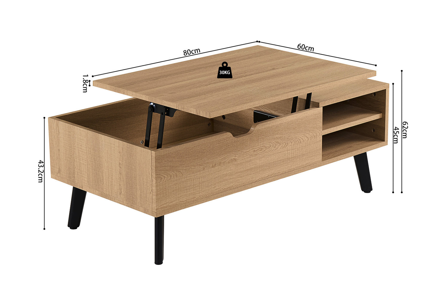 Salontafel 'Justine' met opklapbare top in Eik Naturel decor