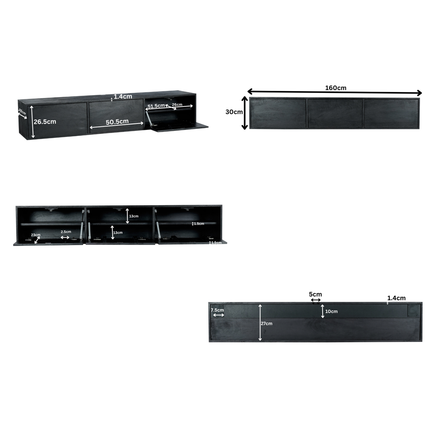 Zwevend tv-meubel Vision Zwart | 160 cm