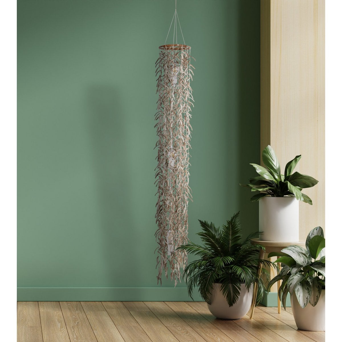 Hanger lamp "kokosnoot" 180 cm hoog, gemaakt van hout- en kokosnootschalen, beige/bruin, E27 -aansluiting, verlichting voor woonkamer, eetkamer of wintertuin.