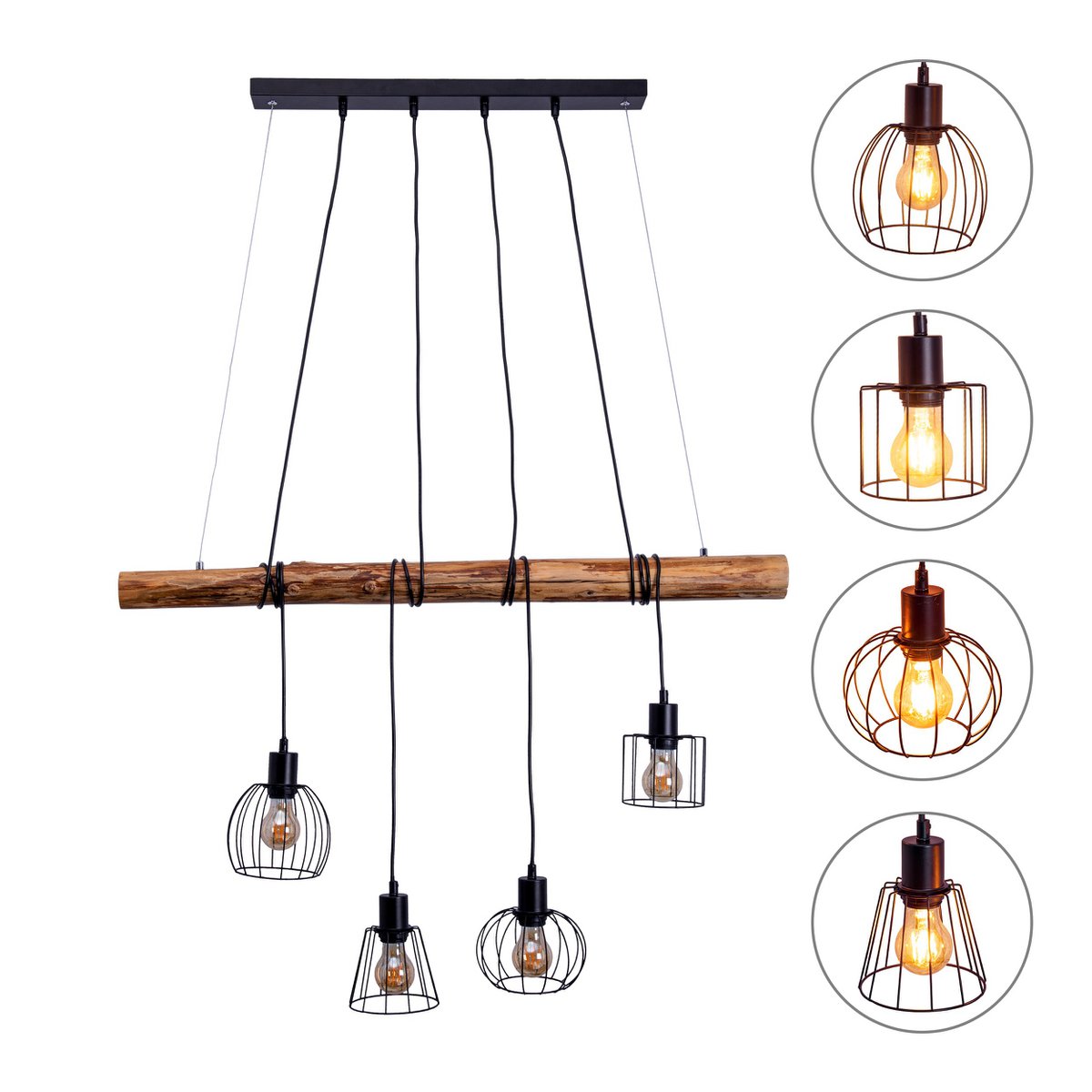 4 hanglamp "Woodland", hanglamp, metaal en hout in zwart en natuurlijke E27 -aansluiting, voor eetkamer, woonkamer, gang of kantoor, 100 cm lang