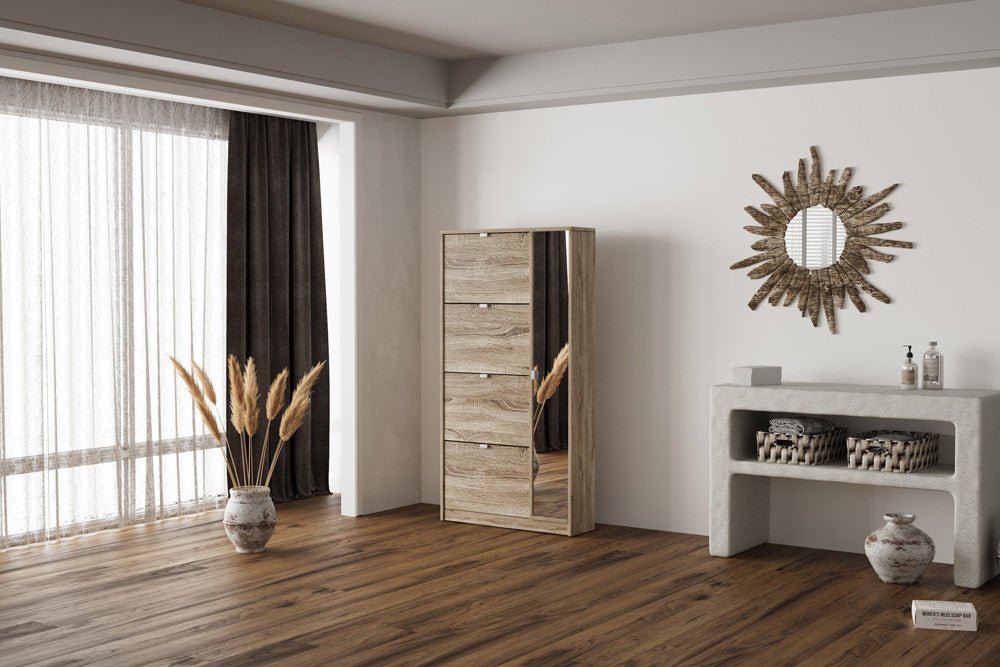 NIEUW - Schoenenkast 'Marcel' met 4 laden en 1 spiegeldeur in Decor Sonoma