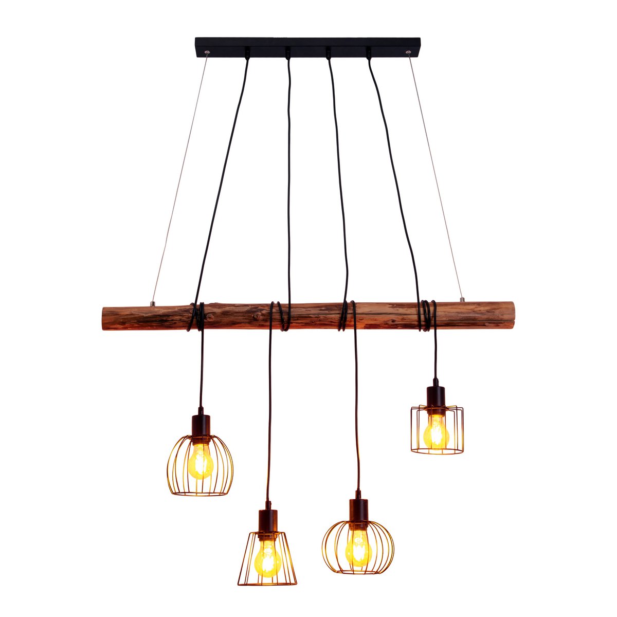 4 hanglamp "Woodland", hanglamp, metaal en hout in zwart en natuurlijke E27 -aansluiting, voor eetkamer, woonkamer, gang of kantoor, 100 cm lang