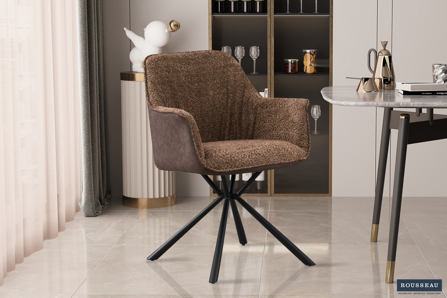 "Chair 'Lucie' Bouclé Sand Backrest PU Brown"