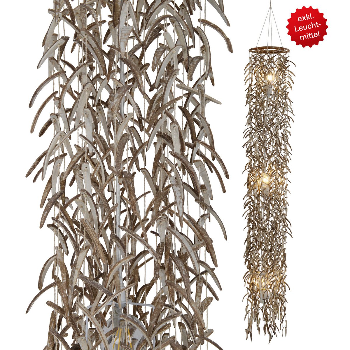 Hanger lamp "kokosnoot" 180 cm hoog, gemaakt van hout- en kokosnootschalen, beige/bruin, E27 -aansluiting, verlichting voor woonkamer, eetkamer of wintertuin.