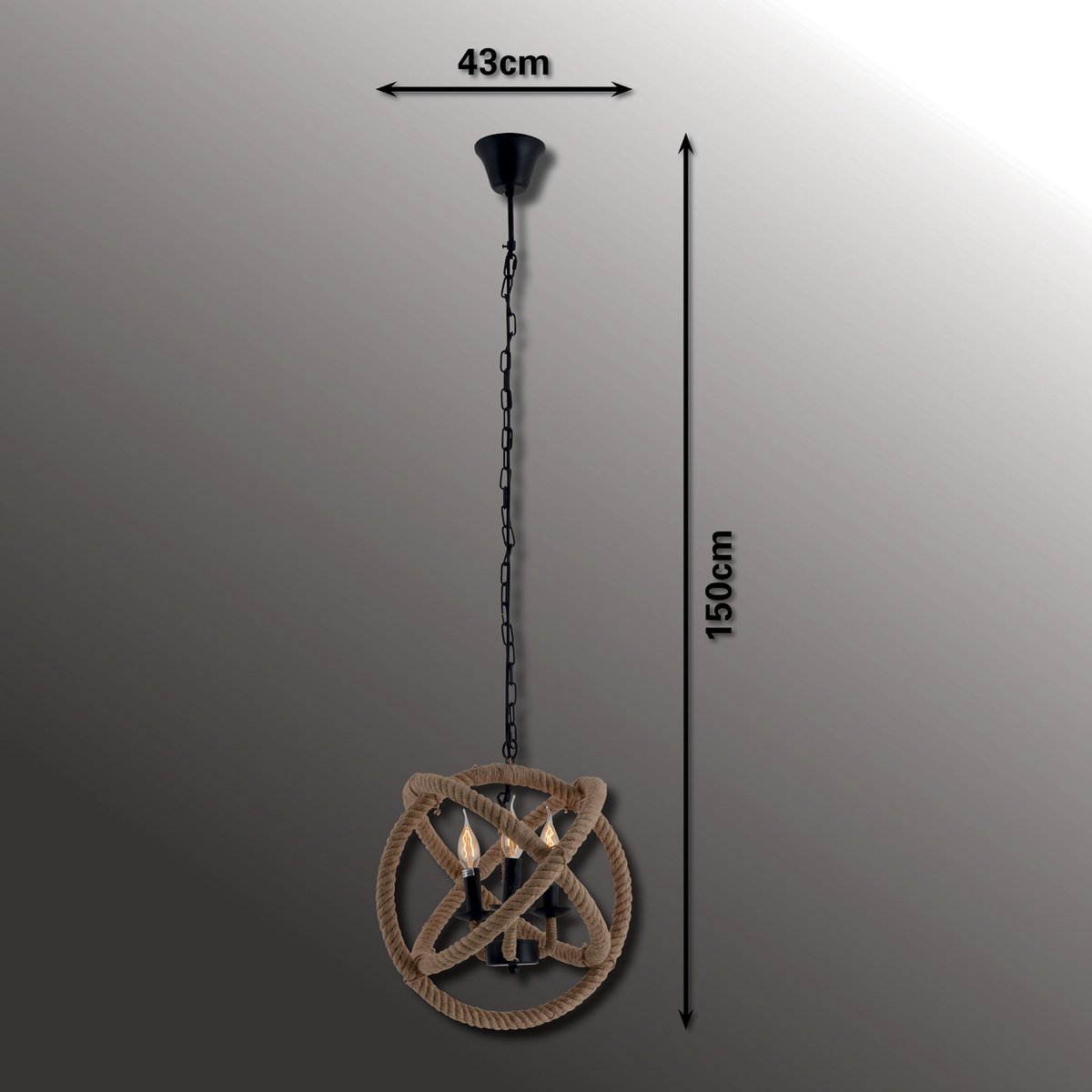 Hangende lamp "regia", black metal, henneptouw, E27 -aansluiting, verlichting voor woonkamer, eetkamer of kantoor, een diameter van 43 cm