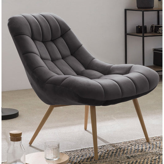 Fauteuil XXL fluweel grijs metaal houtlook