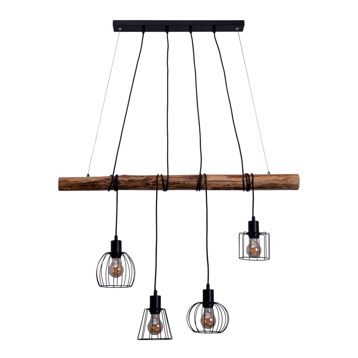 4 hanglamp "Woodland", hanglamp, metaal en hout in zwart en natuurlijke E27 -aansluiting, voor eetkamer, woonkamer, gang of kantoor, 100 cm lang